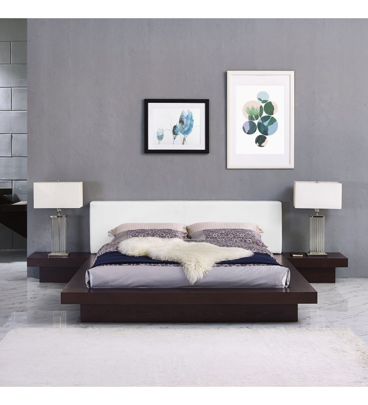 Freja 3 Piece Queen Vinyl Bedroom Set in Cappuccino White - Lexmod