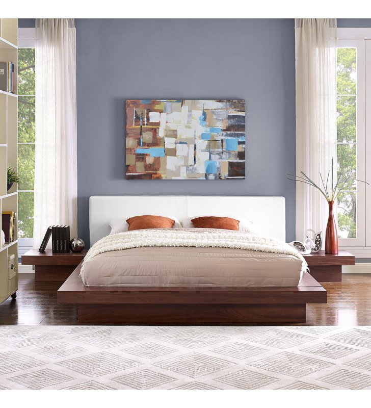 Freja 3 Piece Queen Vinyl Bedroom Set in Walnut White - Lexmod