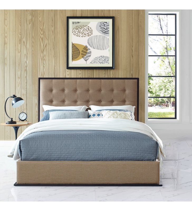 Madeline Queen Upholstered Fabric Bed Frame in Cappuccino Cafe - Lexmod