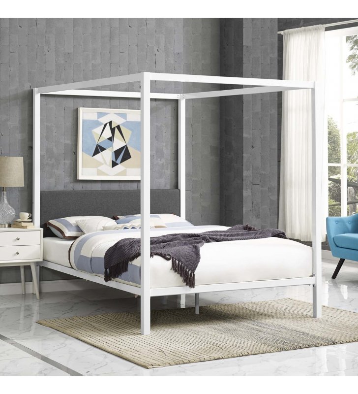 Raina Queen Canopy Bed Frame in White Gray - Lexmod