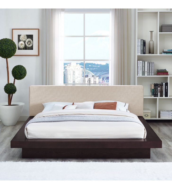 Freja Queen Fabric Platform Bed in Cappuccino Beige - Lexmod