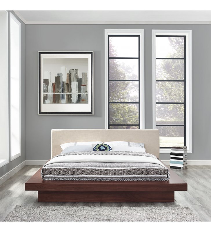 Freja Queen Fabric Platform Bed in Walnut Beige - Lexmod