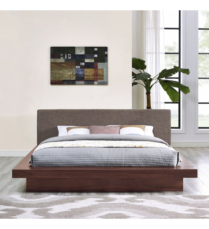 Freja Queen Fabric Platform Bed in Walnut Brown - Lexmod