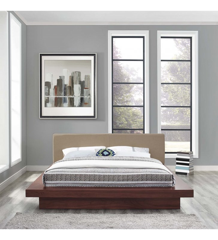 Freja Queen Fabric Platform Bed in Walnut Latte - Lexmod