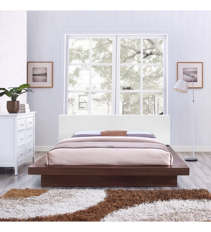Freja Queen Vinyl Platform Bed in Walnut White - Lexmod