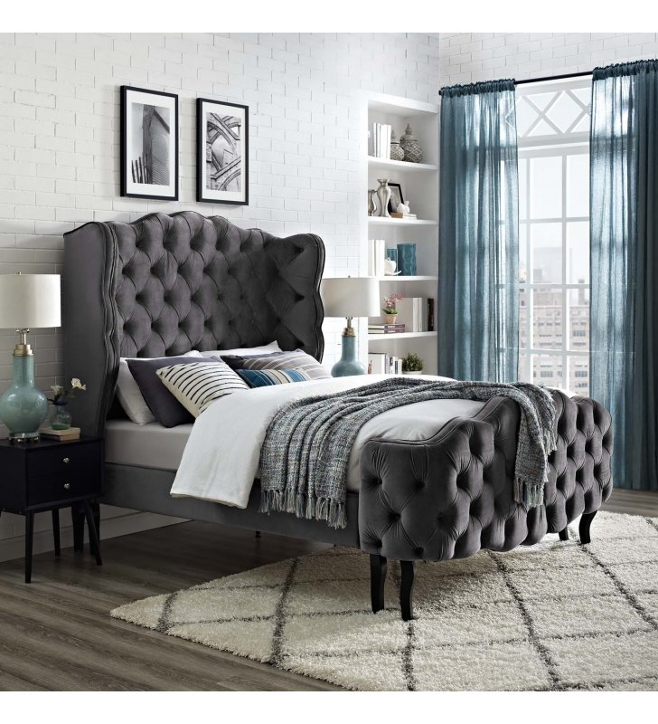 Violette Queen Tufted Wingback Performance Velvet Platform Bed in Gray - Lexmod