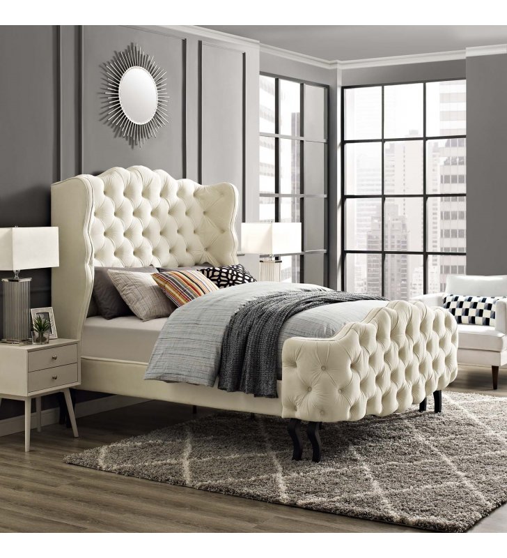 Violette Queen Tufted Wingback Performance Velvet Platform Bed in Ivory - Lexmod