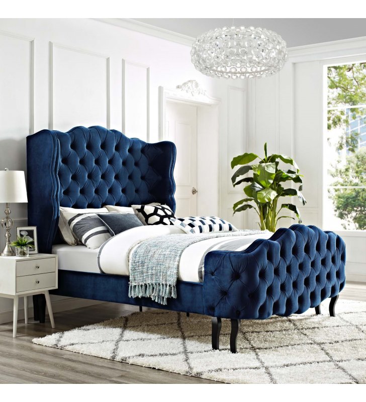 Violette Queen Tufted Wingback Performance Velvet Platform Bed in Navy - Lexmod