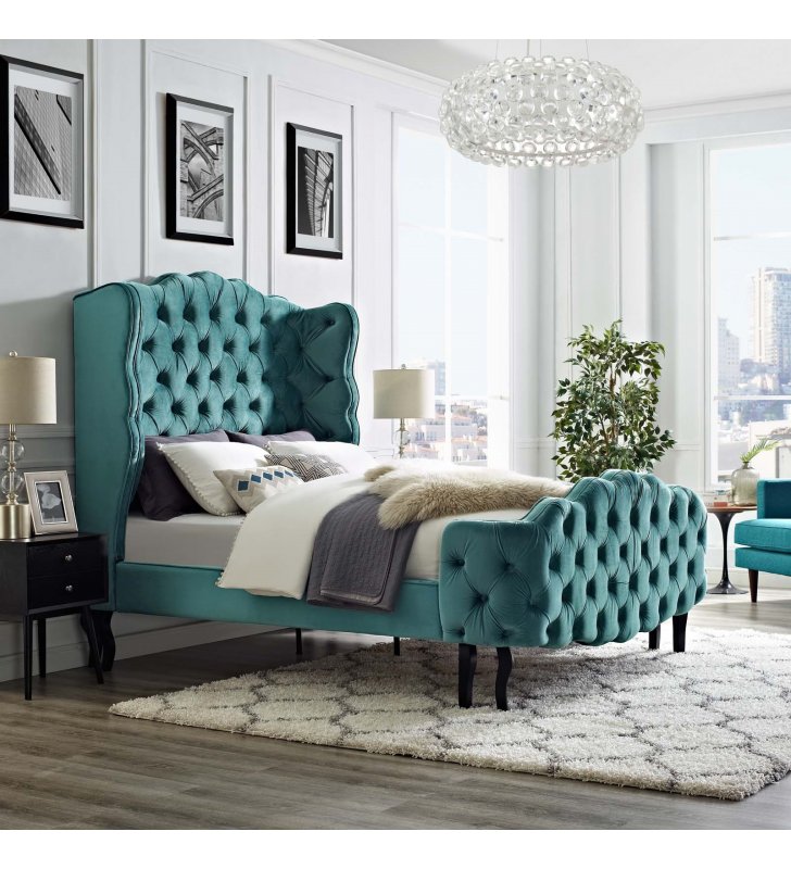 Violette Queen Tufted Wingback Performance Velvet Platform Bed in Sea Blue - Lexmod