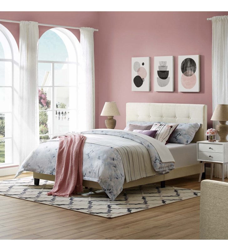 Melanie Twin Tufted Button Upholstered Performance Velvet Platform Bed in Ivory - Lexmod