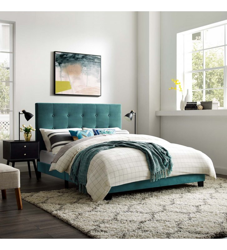 Melanie Twin Tufted Button Upholstered Performance Velvet Platform Bed in Sea Blue - Lexmod