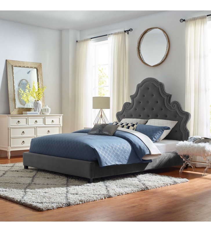 Valentina Queen Tufted Nailhead Performance Velvet Platform Bed in Gray - Lexmod