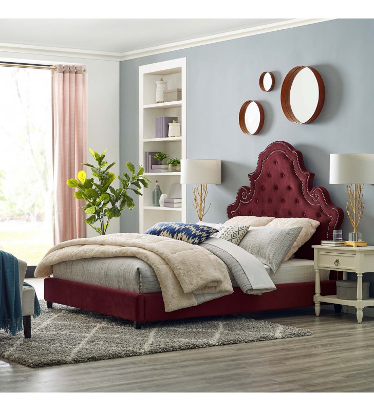 Valentina Queen Tufted Nailhead Performance Velvet Platform Bed in Maroon - Lexmod