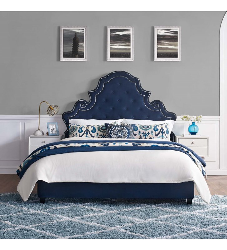 Valentina Queen Tufted Nailhead Performance Velvet Platform Bed in Navy - Lexmod