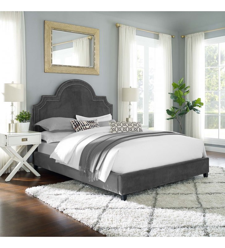 Primrose Queen Performance Velvet Platform Bed in Gray - Lexmod