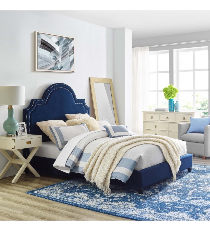 Primrose Queen Performance Velvet Platform Bed in Navy - Lexmod