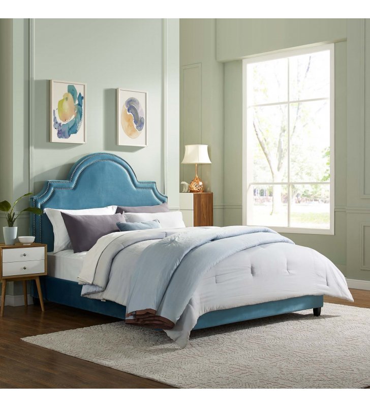Primrose Queen Performance Velvet Platform Bed in Sea Blue - Lexmod