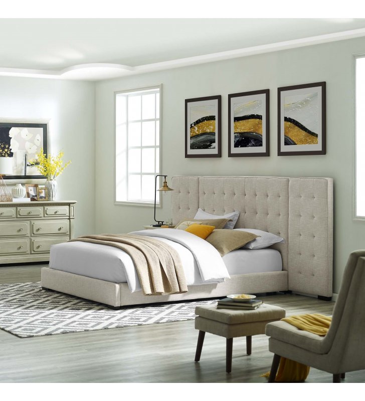 Sierra Queen Upholstered Fabric Platform Bed in Beige - Lexmod