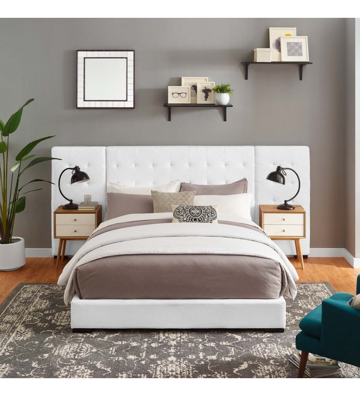 Sierra Queen Upholstered Fabric Platform Bed in White - Lexmod