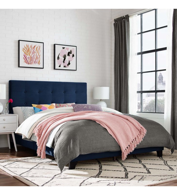 Melanie Full Tufted Button Upholstered Performance Velvet Platform Bed in Midnight Blue - Lexmod