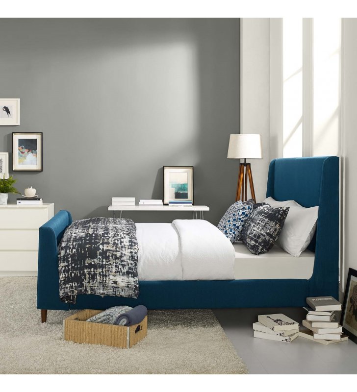Aubree Queen Upholstered Fabric Sleigh Platform Bed in Azure - Lexmod