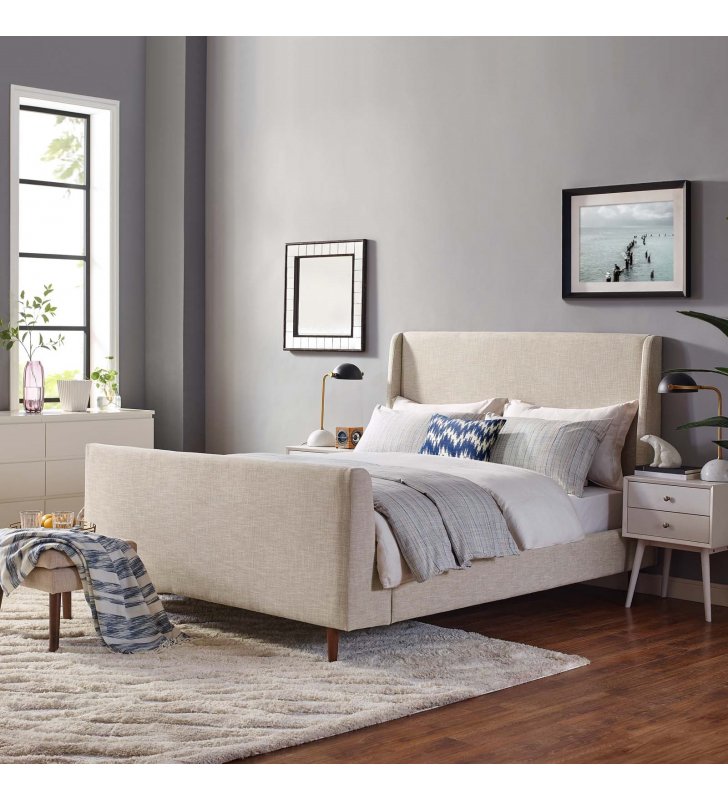 Aubree Queen Upholstered Fabric Sleigh Platform Bed in Beige - Lexmod