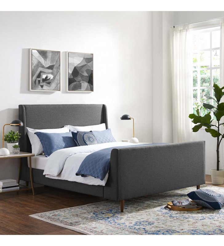 Aubree Queen Upholstered Fabric Sleigh Platform Bed in Gray - Lexmod
