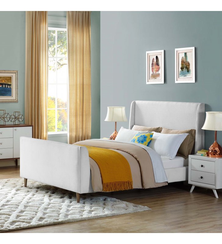 Aubree Queen Upholstered Fabric Sleigh Platform Bed in White - Lexmod