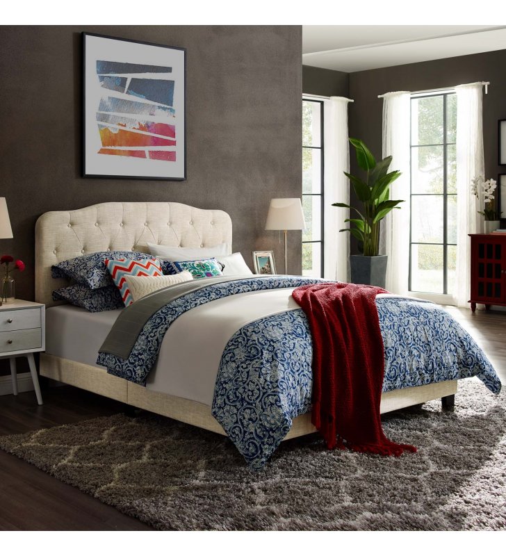 Amelia King Upholstered Fabric Bed in Beige - Lexmod