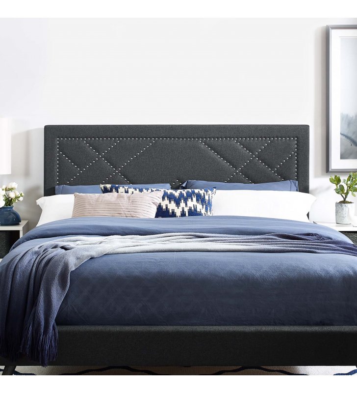 Reese Nailhead Full / Queen Upholstered Linen Fabric Headboard in Gray - Lexmod