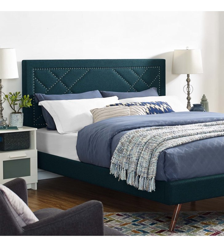 Reese Nailhead King and California King Upholstered Linen Fabric Headboard in Azure - Lexmod