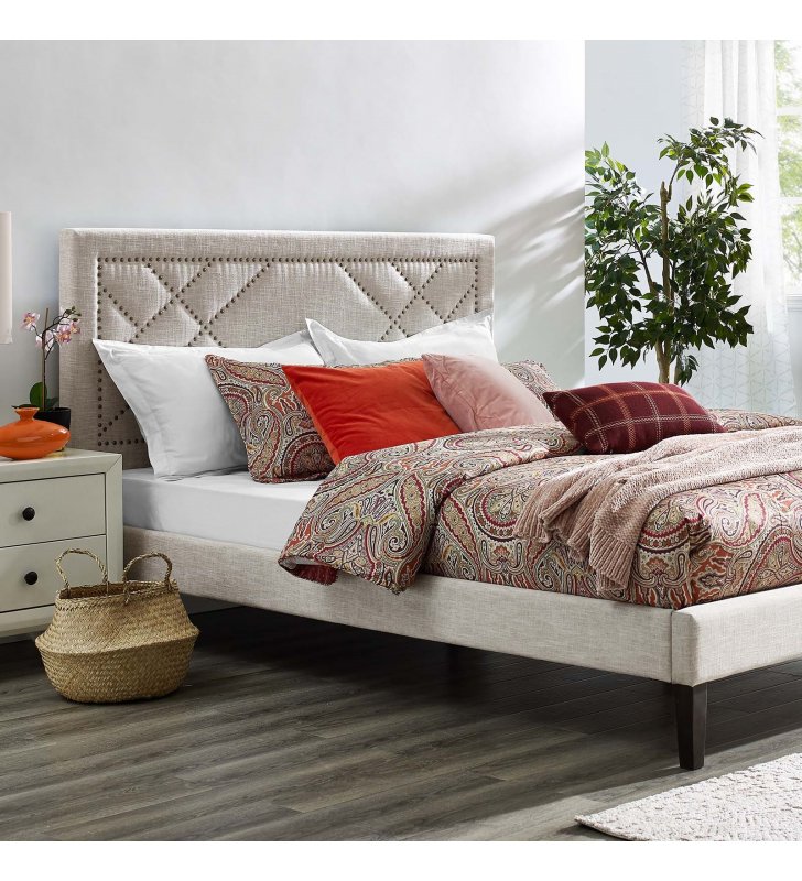 Reese Nailhead King and California King Upholstered Linen Fabric Headboard in Beige - Lexmod