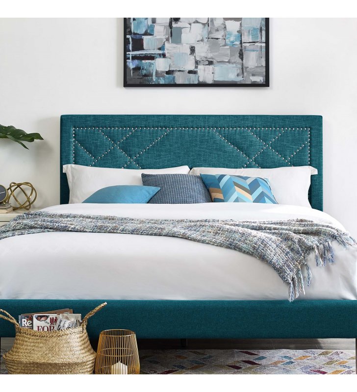 Reese Nailhead King and California King Upholstered Linen Fabric Headboard in Teal - Lexmod