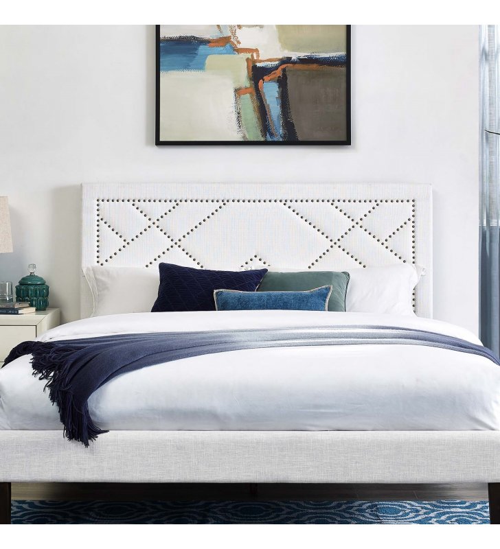 Reese Nailhead King and California King Upholstered Linen Fabric Headboard in White - Lexmod