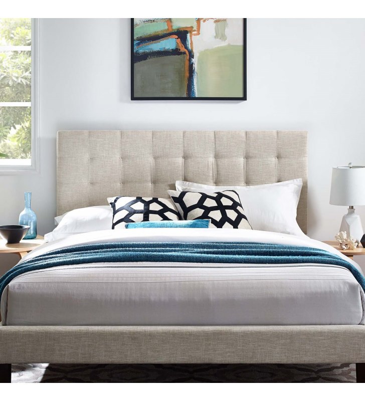 Paisley Tufted Twin Upholstered Linen Fabric Headboard in Beige - Lexmod