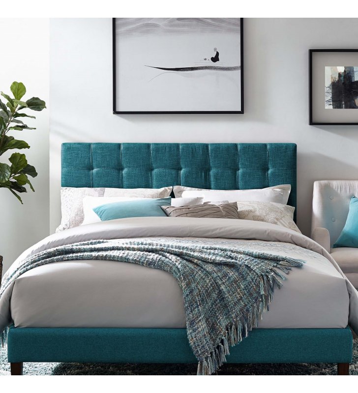 Paisley Tufted Full / Queen Upholstered Linen Fabric Headboard in Teal - Lexmod