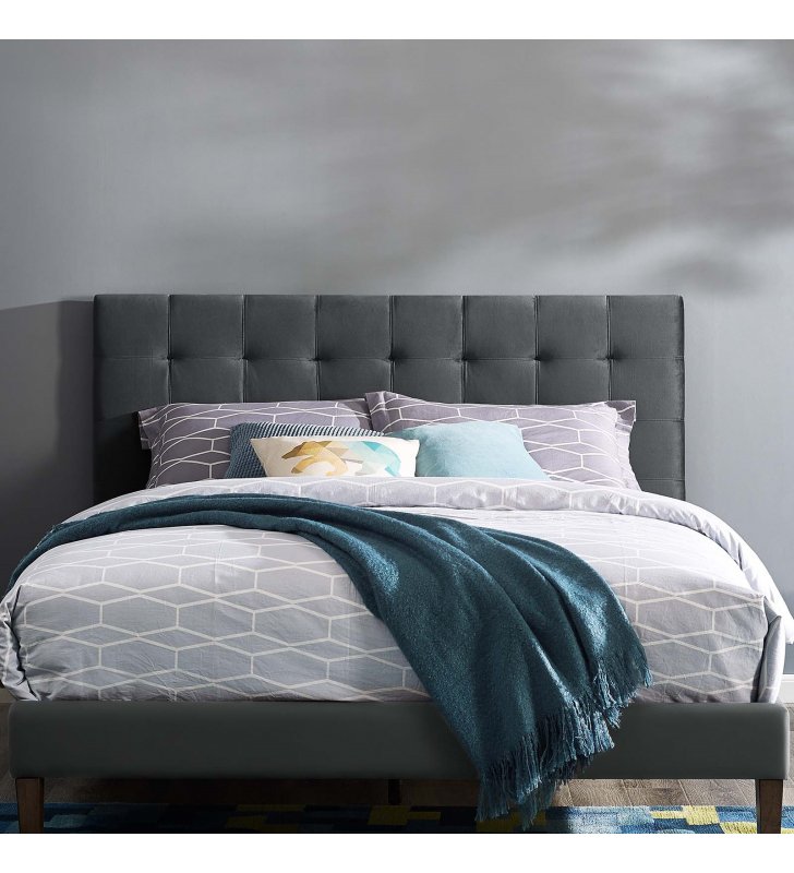Paisley Tufted Full / Queen Upholstered Performance Velvet Headboard in Gray - Lexmod