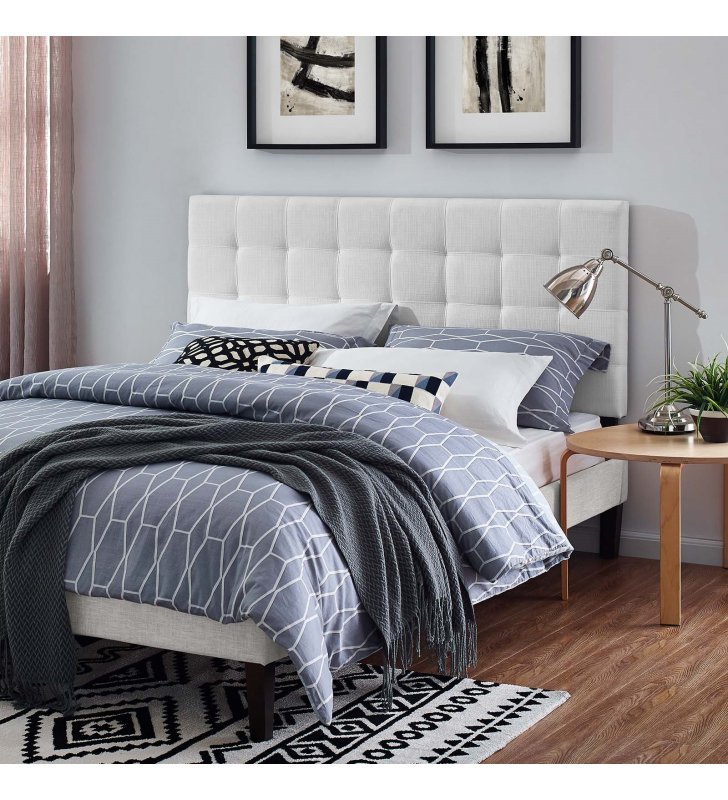 Paisley Tufted King and California King Upholstered Linen Fabric Headboard in White - Lexmod