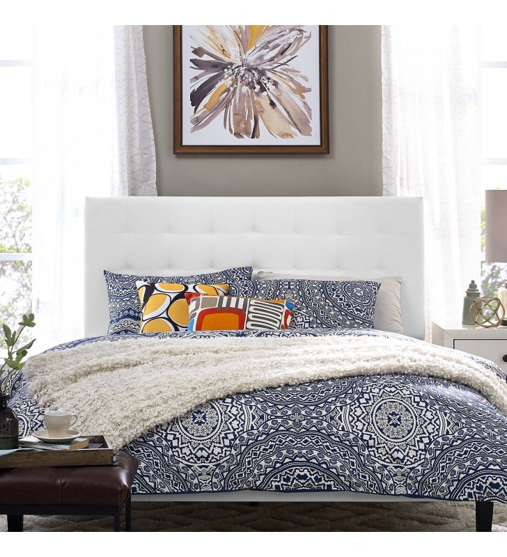 Paisley Tufted King and California King Upholstered Faux Leather Headboard in White - Lexmod