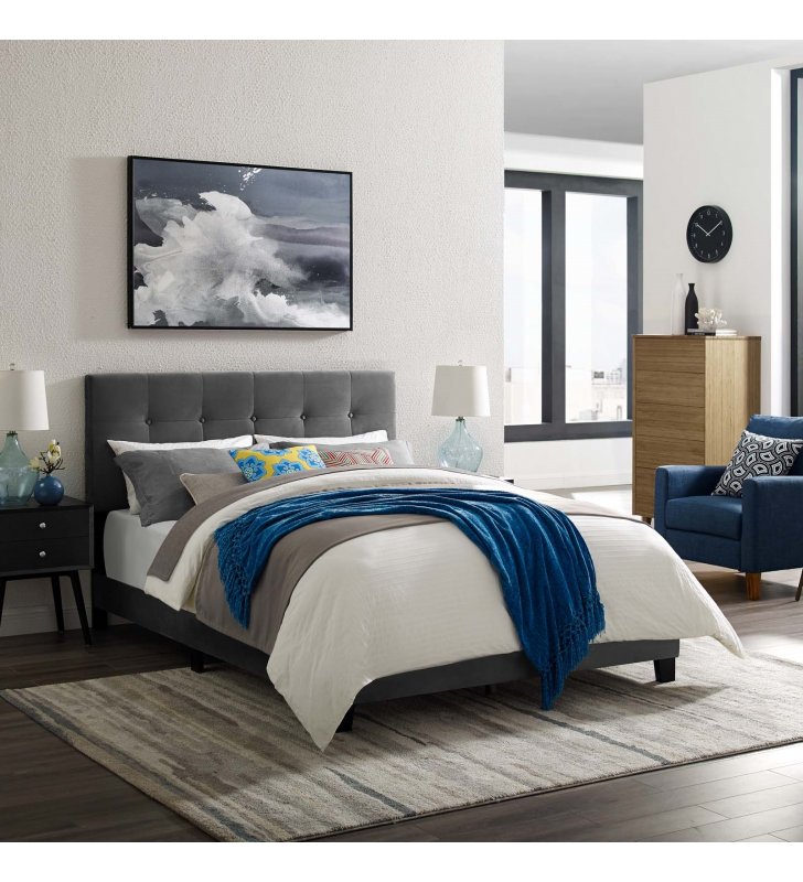 Amira Full Performance Velvet Bed in Gray - Lexmod