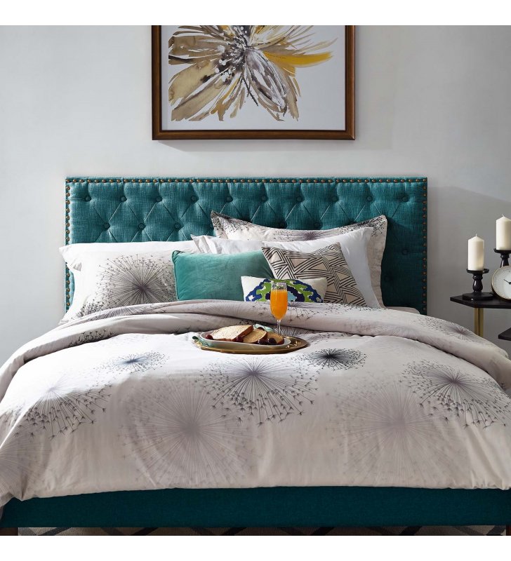 Helena Tufted Full / Queen Upholstered Linen Fabric Headboard in Teal - Lexmod