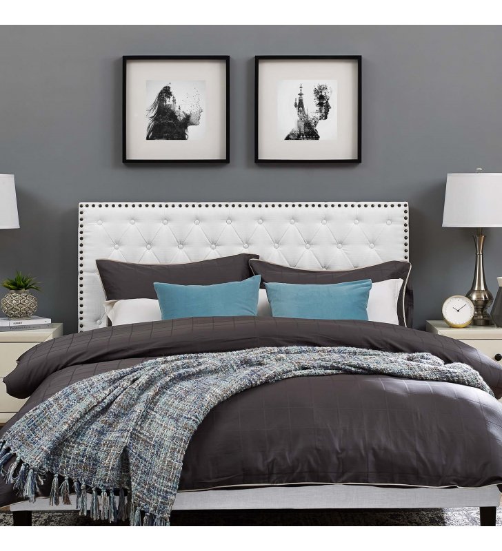 Helena Tufted King and California King Upholstered Linen Fabric Headboard in White - Lexmod