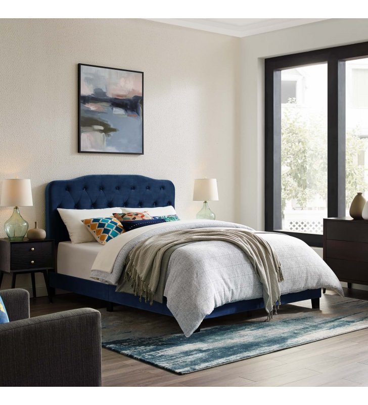 Amelia Full Performance Velvet Bed in Navy - Lexmod
