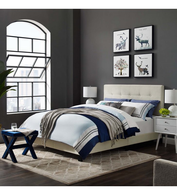 Amira Queen Performance Velvet Bed in Ivory - Lexmod