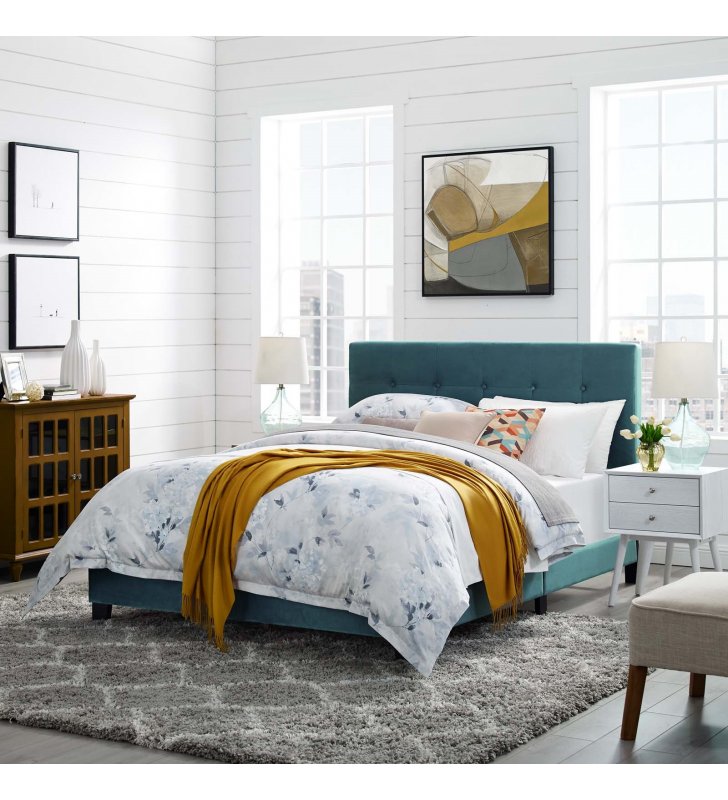 Amira Queen Performance Velvet Bed in Sea Blue - Lexmod