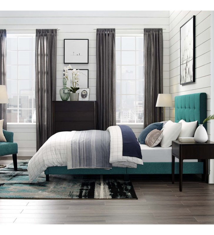 Melanie Twin Tufted Button Upholstered Fabric Platform Bed in Teal - Lexmod