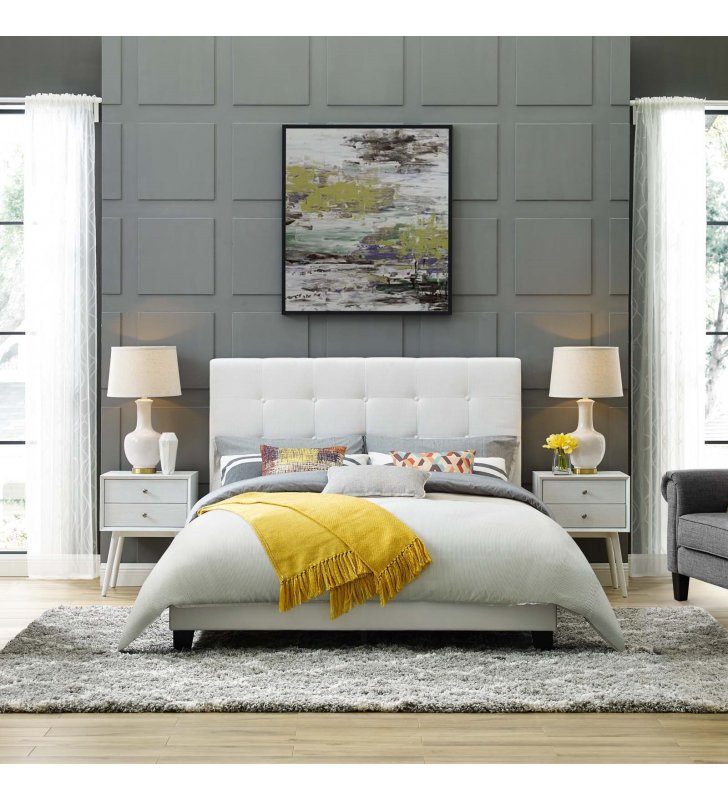 Melanie Twin Tufted Button Upholstered Fabric Platform Bed in White - Lexmod