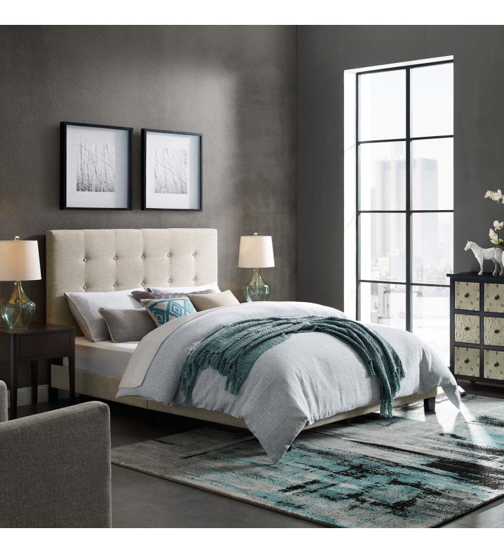 Melanie Full Tufted Button Upholstered Fabric Platform Bed in Beige - Lexmod