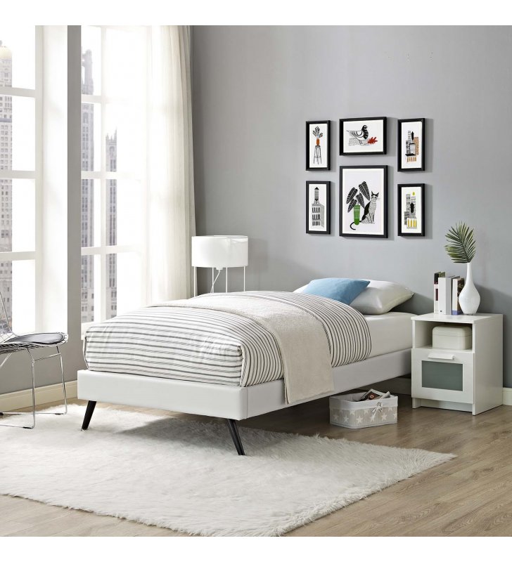 Loryn Twin Vinyl Bed Frame with Round Splayed Legs in White - Lexmod