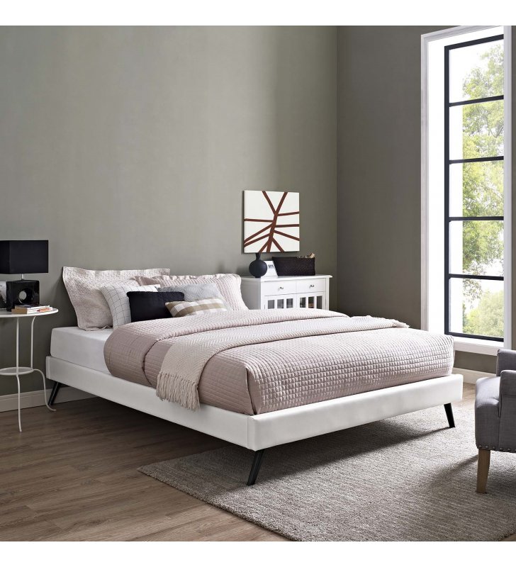 Loryn Queen Vinyl Bed Frame with Round Splayed Legs in White - Lexmod